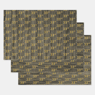 Rustic Faux Wood Grain, Elegant Faux Gold "33rd" Wrapping Paper Sheets