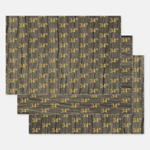 Rustic Faux Wood Grain Elegant Faux Gold 34th Wrapping Paper Sheets