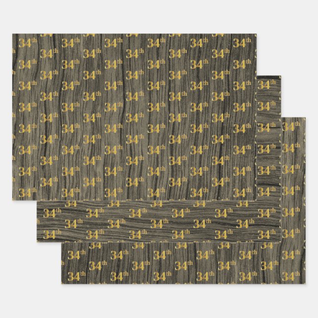 Rustic Faux Wood Grain, Elegant Faux Gold "34th" Wrapping Paper Sheets (Set)