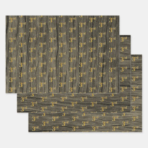 Rustic Faux Wood Grain, Elegant Faux Gold "3rd" Wrapping Paper Sheets