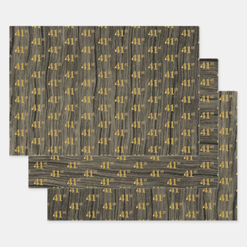 Rustic Faux Wood Grain Elegant Faux Gold 41st Wrapping Paper Sheets