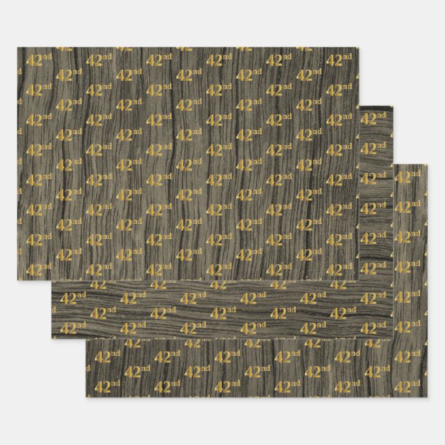 Rustic Faux Wood Grain, Elegant Faux Gold "42nd" Wrapping Paper Sheets (Set)