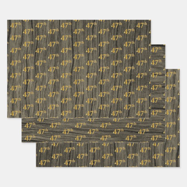 Rustic Faux Wood Grain, Elegant Faux Gold "47th" Wrapping Paper Sheets (Set)
