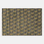 [ Thumbnail: Rustic Faux Wood Grain, Elegant Faux Gold "50th" Wrapping Paper Sheets ]