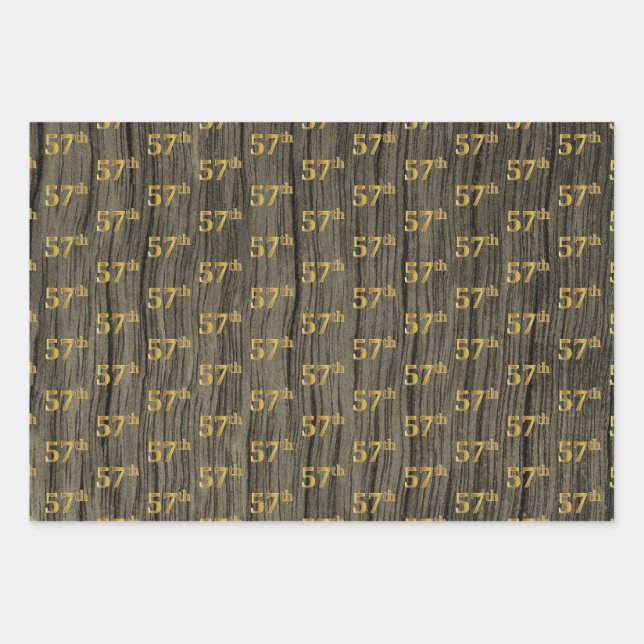 Rustic Faux Wood Grain, Elegant Faux Gold "57th" Wrapping Paper Sheets (Front)