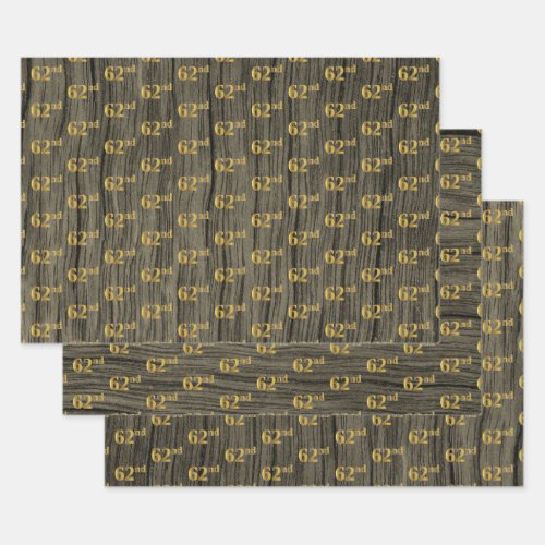 Rustic Faux Wood Grain Elegant Faux Gold 62nd Wrapping Paper Sheets
