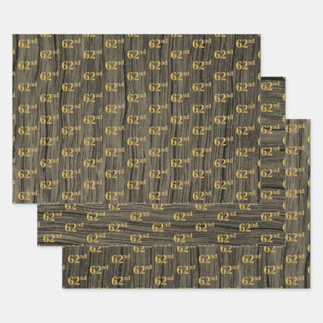 Rustic Faux Wood Grain, Elegant Faux Gold "62nd" Wrapping Paper Sheets (Set)