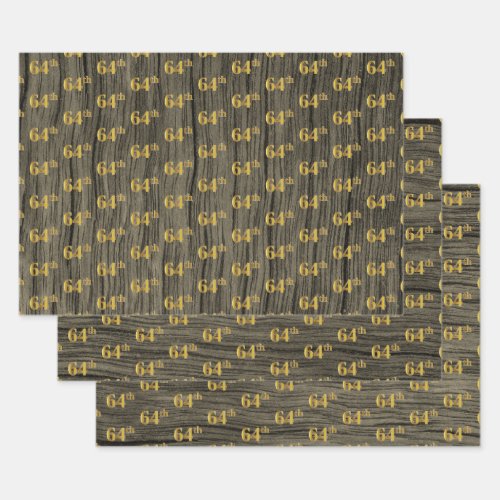 Rustic Faux Wood Grain Elegant Faux Gold 64th Wrapping Paper Sheets
