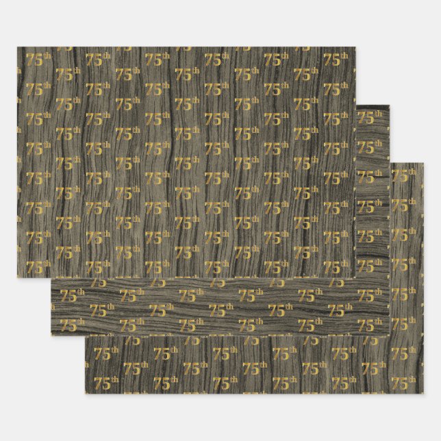 Rustic Faux Wood Grain, Elegant Faux Gold "75th" Wrapping Paper Sheets (Set)