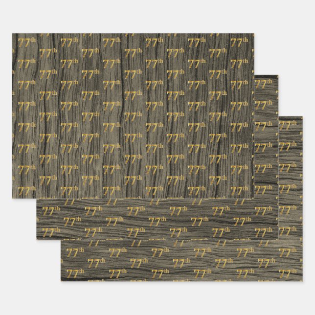 Rustic Faux Wood Grain, Elegant Faux Gold "77th" Wrapping Paper Sheets (Set)