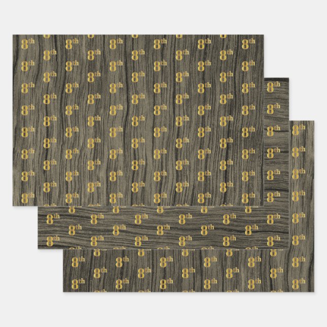Rustic Faux Wood Grain, Elegant Faux Gold "8th" Wrapping Paper Sheets (Set)