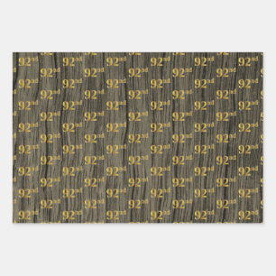 Rustic Faux Wood Grain, Elegant Faux Gold "92nd" Wrapping Paper Sheets