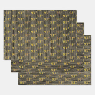 Rustic Faux Wood Grain, Elegant Faux Gold "93rd" Wrapping Paper Sheets