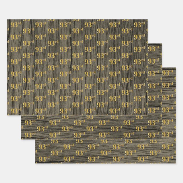 Rustic Faux Wood Grain, Elegant Faux Gold "93rd" Wrapping Paper Sheets (Set)