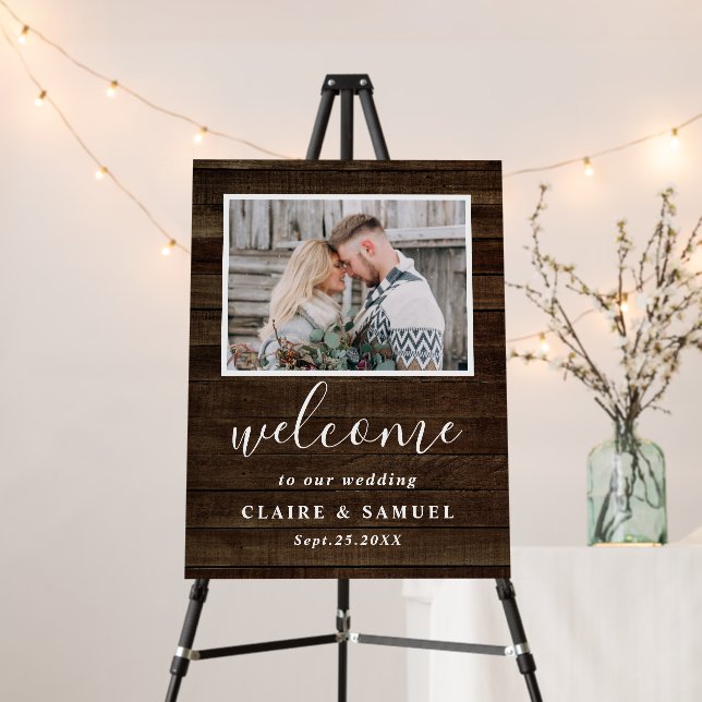 Rustic Faux Wood Photo Wedding Welcome  Foam Board (In Situ (Stand))