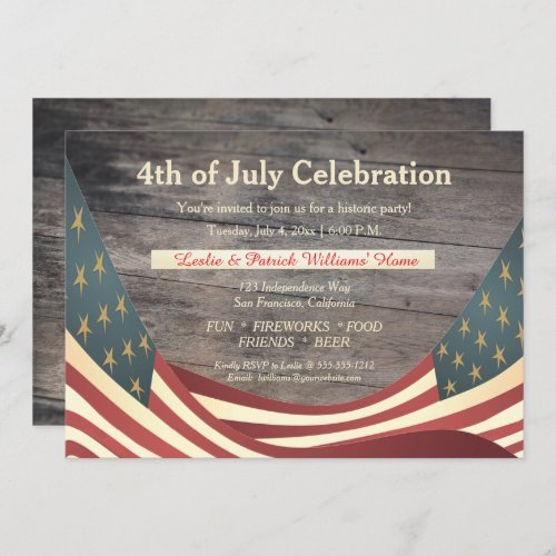 Rustic Faux Wood  Vintage Flags 4th of July Party Invitation