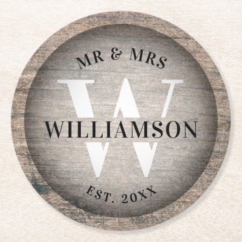 Rustic Faux Wood Wedding Monogram Initial  Name Round Paper Coaster