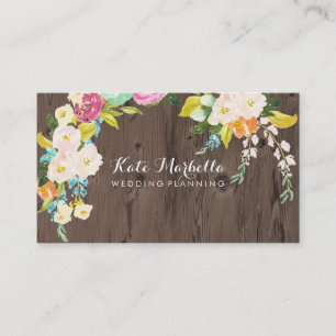Rustic Faux Wood with Colorful Flowers Business Card