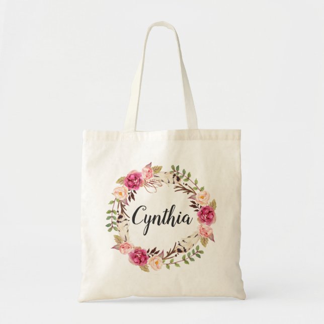 Rustic Feather Boho Floral Wreath Bridesmaid Tote Bag (Front)