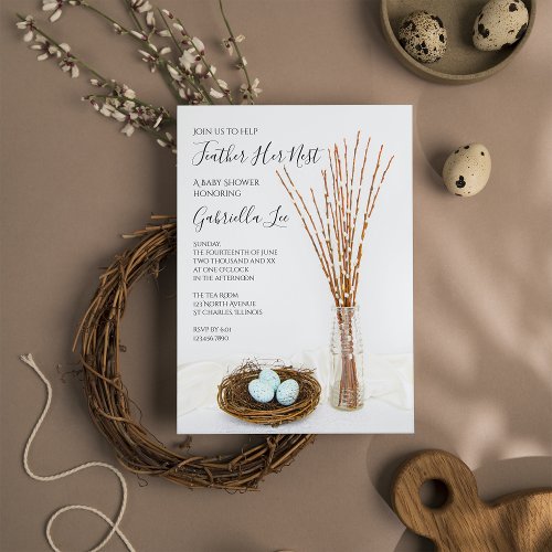 Rustic Feather Her Nest Blue Eggs Baby Shower Invitation