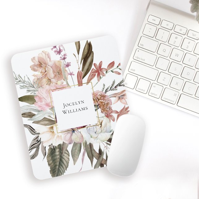 Rustic Feminine Watercolor Wildflowers Floral Mouse Pad (Personalize with your name for a beautifully feminine mouse pad.)