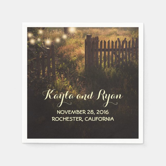 rustic fence and string lights country wedding napkins (Front)