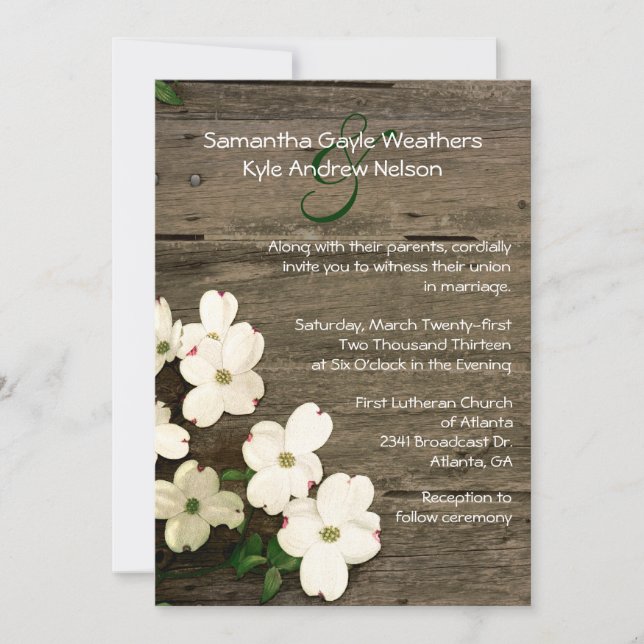 Rustic Fence & Dogwood Blooms Wedding Invitation 2 (Front)