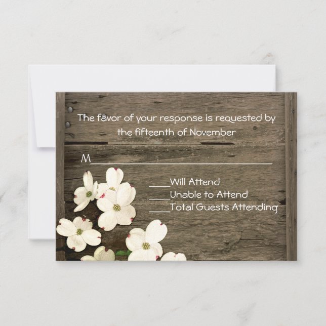 Rustic Fence & Dogwood Blooms Wedding RSVP Card (Front)