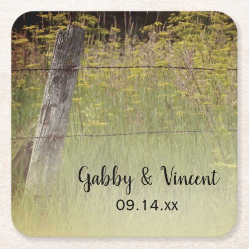Rustic Fence Post and Wildflowers Country Wedding Square Paper Coaster