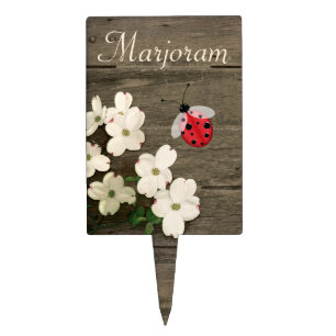 Rustic Fence with Ladybug Custom Plant Marker Cake Topper