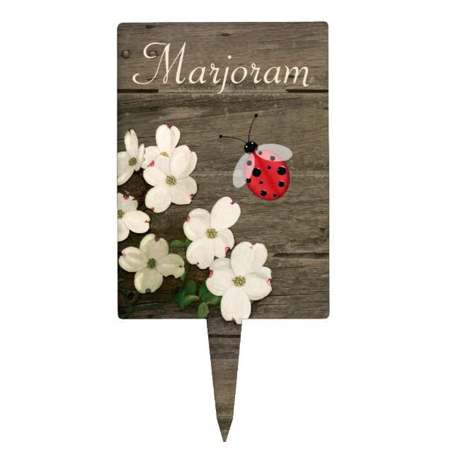 Rustic Fence with Ladybug Custom Plant Marker Cake Topper (Front)