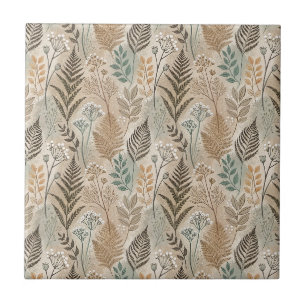 Rustic Fern Foliage & Wildflowers Botanical Design Ceramic Tile
