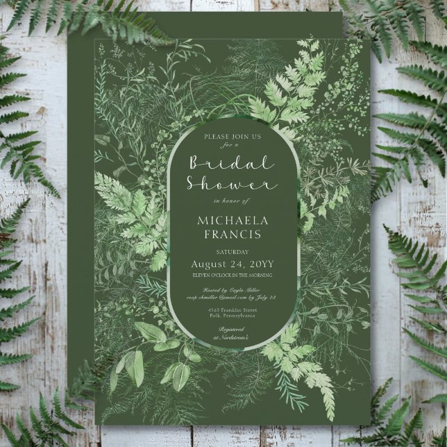 Rustic Fern Green Foliage Emerald Bridal Shower Invitation (Rustic Fern Green Foliage Emerald Bridal Shower Invitation)