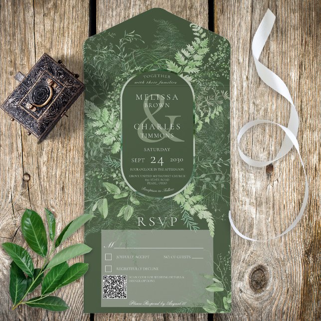 Rustic Fern Green Foliage Emerald QR Code All In One Invitation (Also available without a QR code; with or without dinner selection options.)