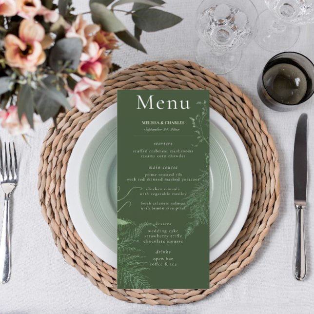 Rustic Fern Green Foliage Emerald Wedding Long Menu (Creator Uploaded)