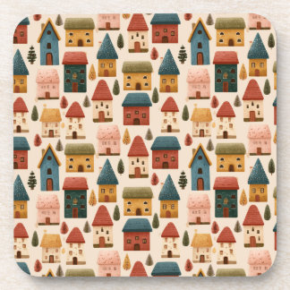 Rustic Festive Christmas Houses Seamless Pattern Beverage Coaster