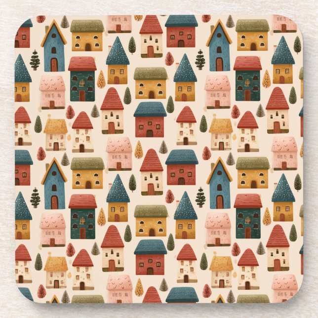Rustic Festive Christmas Houses Seamless Pattern Beverage Coaster (Front)