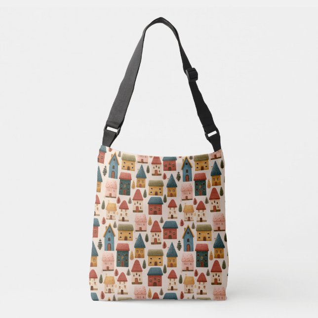 Rustic Festive Christmas Houses Seamless Pattern Crossbody Bag (Front)