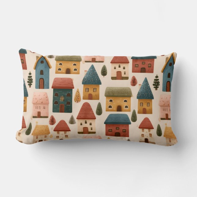 Rustic Festive Christmas Houses Seamless Pattern Lumbar Pillow (Front)