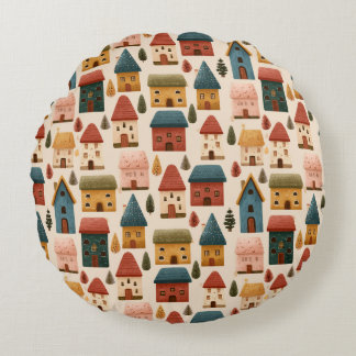 Rustic Festive Christmas Houses Seamless Pattern Round Pillow