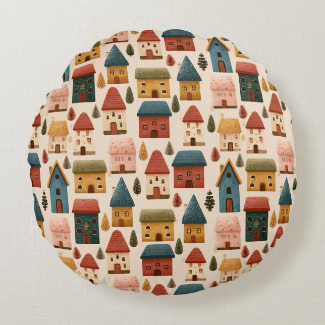 Rustic Festive Christmas Houses Seamless Pattern Round Pillow (Front)
