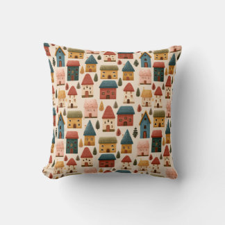 Rustic Festive Christmas Houses Seamless Pattern Throw Pillow