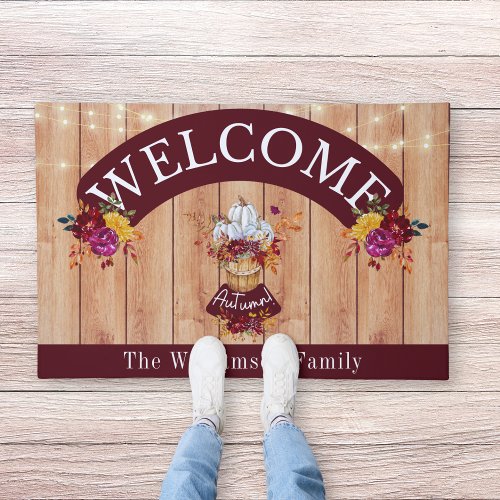 Rustic Festive Fall Pumpkin Floral Welcome Custom Doormat