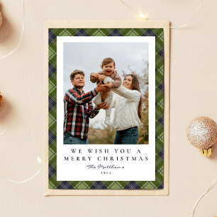 Rustic Festive Green Plaid Family Photo Christmas Holiday Card