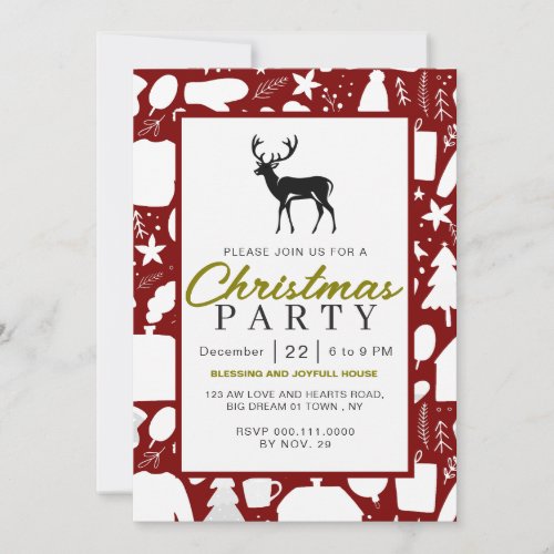 Rustic Festive Pattern Reindeer Christmas Party Invitation