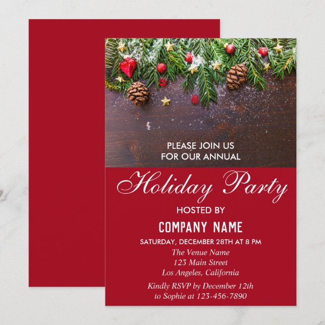 Rustic Festive Red Company Holiday Christmas Party Invitation (Front/Back)