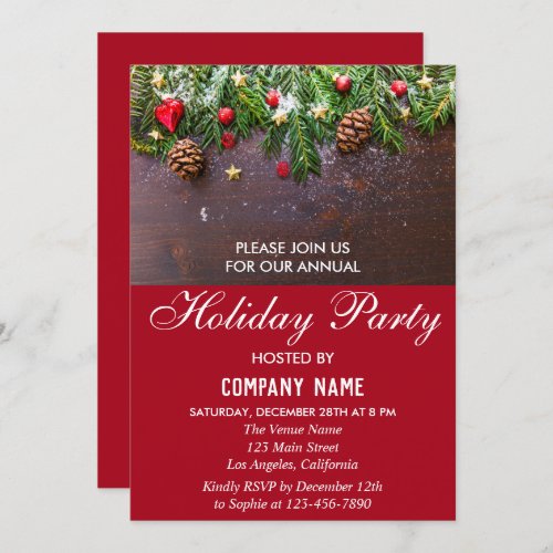 Rustic Festive Red Company Holiday Christmas Party Invitation