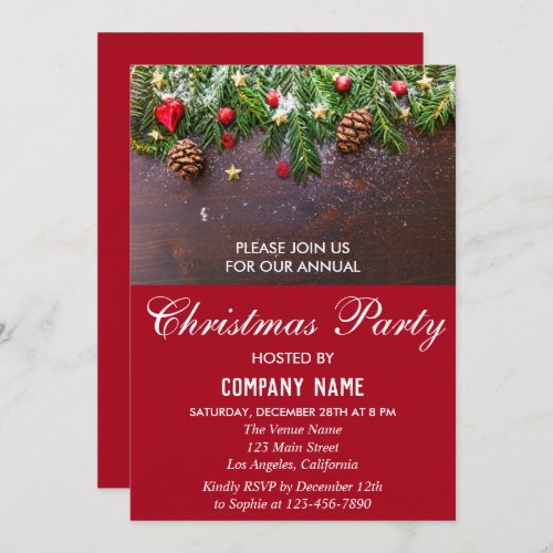 Rustic Festive Red Company Holiday Christmas Party Invitation