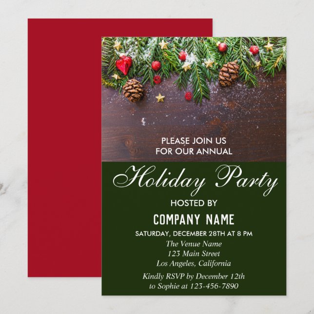 Rustic Festive Red & Green Company Holiday Party Invitation (Front/Back)