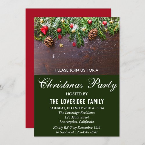 Rustic Festive Red  Green Country Christmas Party Invitation